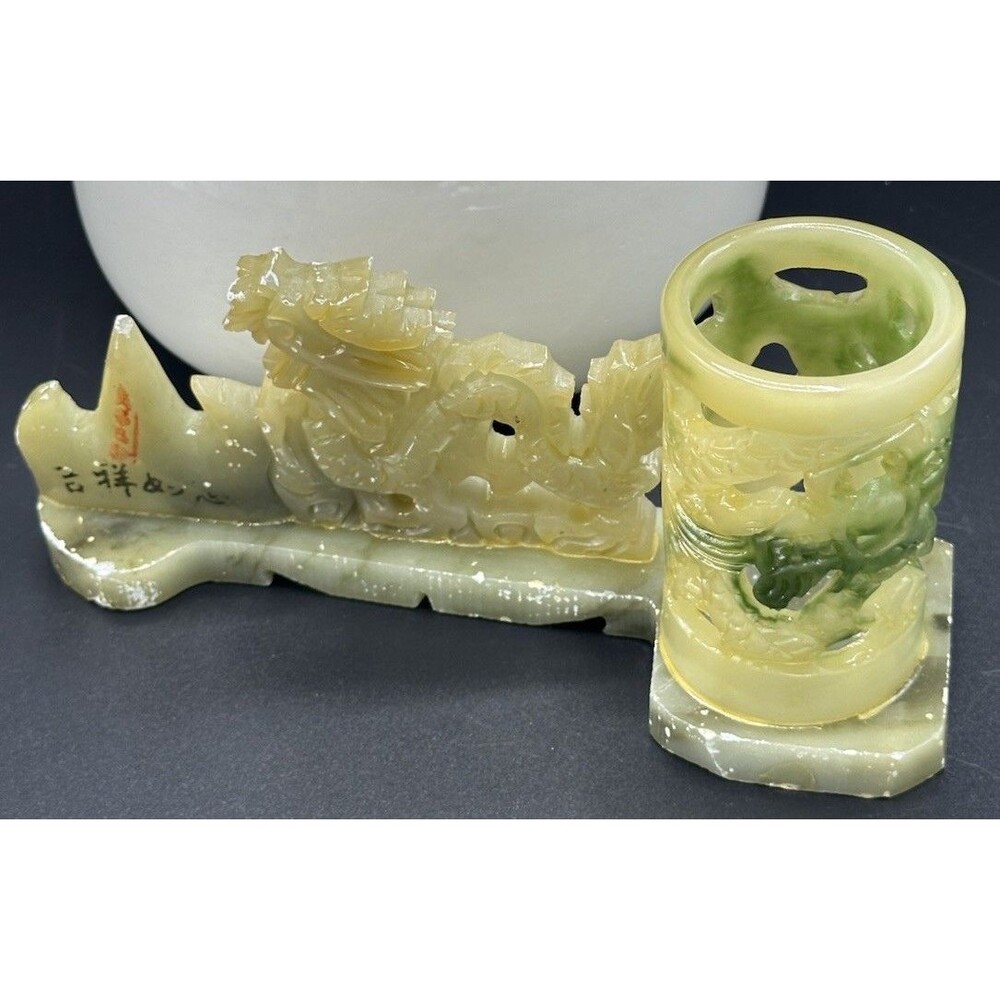 Vintage Carved Jade Candle/Pen Holder Asian Dragon Figurine Sculpture - Picture 5 of 8